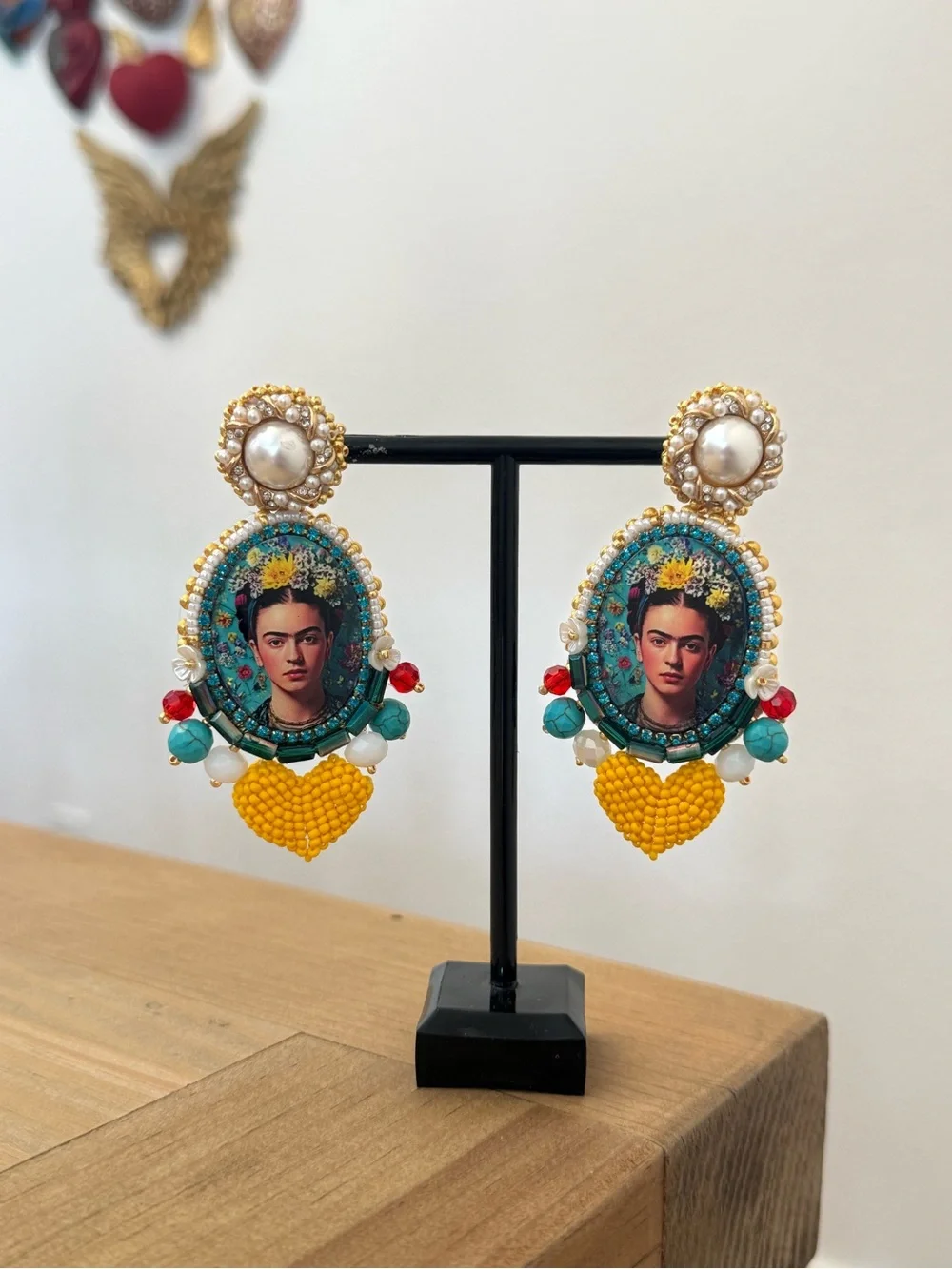Frida-Inspired Beaded Statement Earrings in Yellow and Turquoise